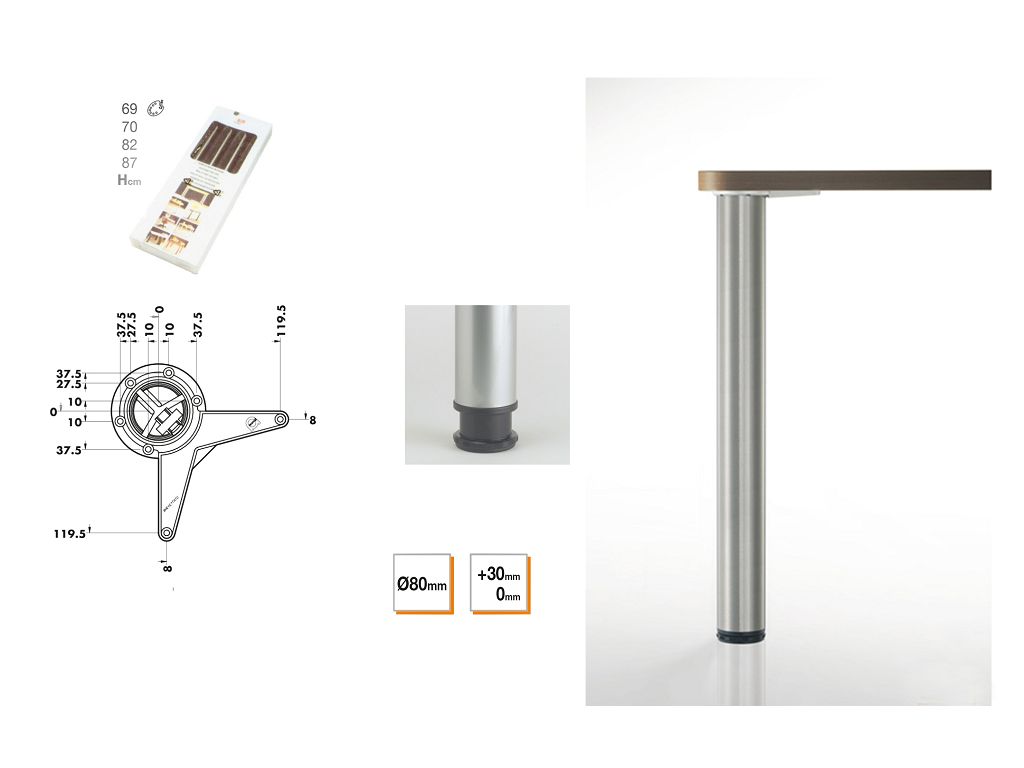 Gamba Tavolo Metallo con Piastra Avvitamento Regolabile pz.4 d.80 x 87h Alluminio Rigato  Camar - immagine 2